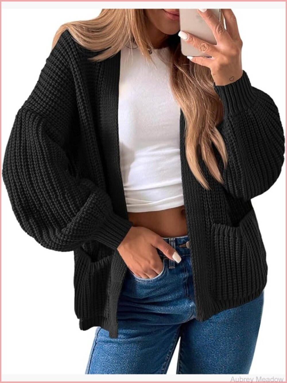 Oversized Chunky Ribbed Knit Open Front Cardigan Long Lantern Sleeve